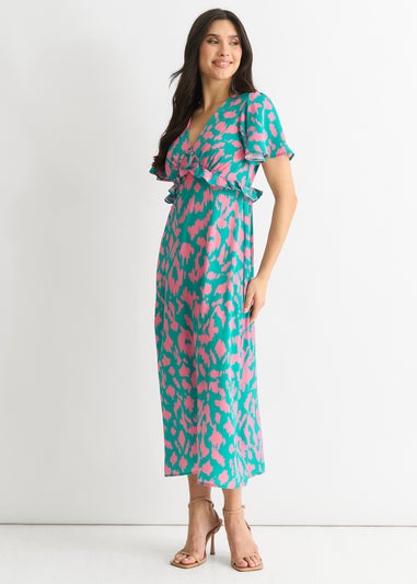 Gini London Green Animal Print V Neck Ruffle Midi Dress