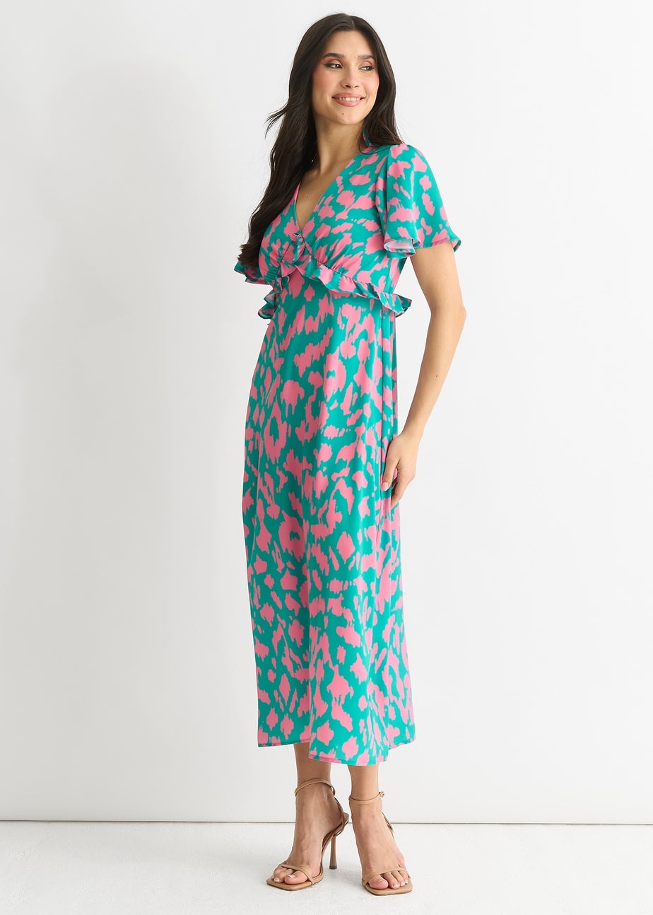 Gini London Green Animal Print V Neck Ruffle Midi Dress