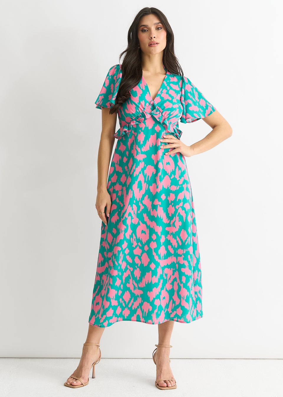 Gini London Green Animal Print V Neck Ruffle Midi Dress