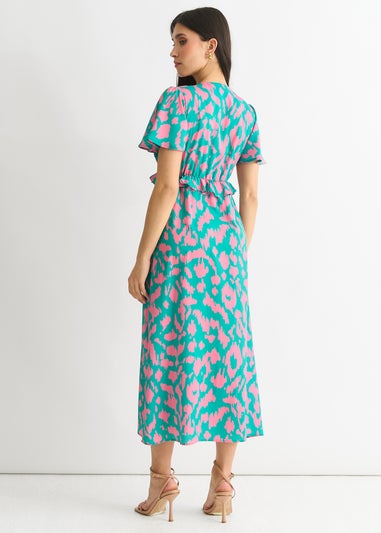 Gini London Green Animal Print V Neck Ruffle Midi Dress