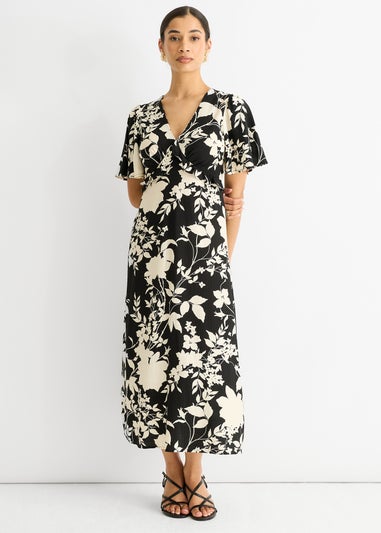 Gini London Black Mono Ruffle V Neck Viscose Midi Dress