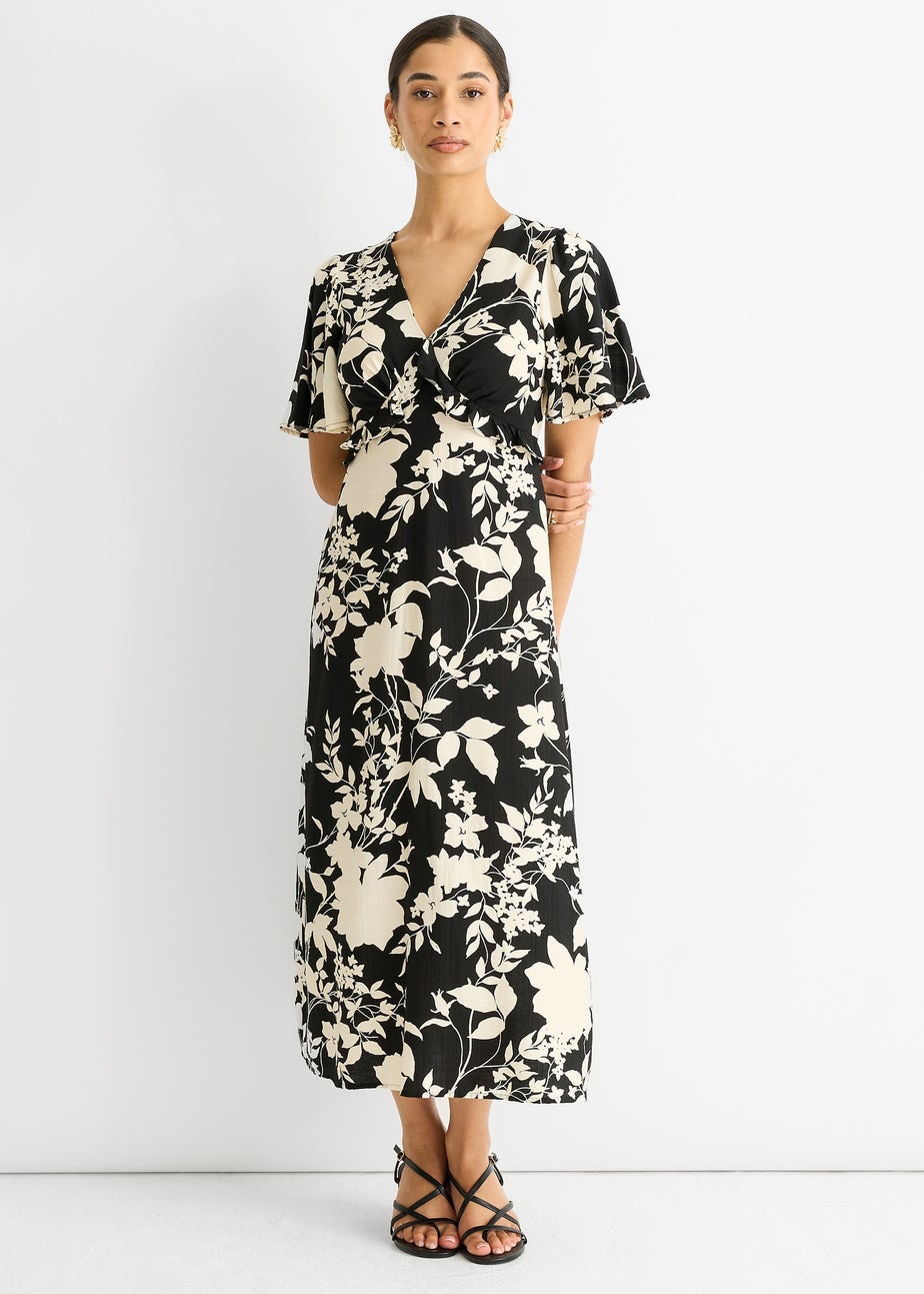 Gini London Black Mono Ruffle V Neck Viscose Midi Dress