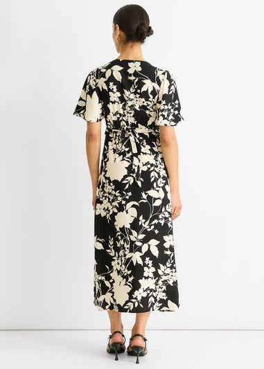 Gini London Black Mono Ruffle V Neck Viscose Midi Dress