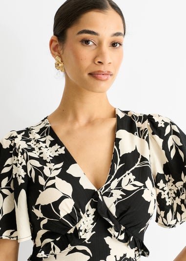 Gini London Black Mono Ruffle V Neck Viscose Midi Dress