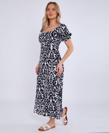 Gini London Navy Puff Sleeves Split Viscose Midi Dress