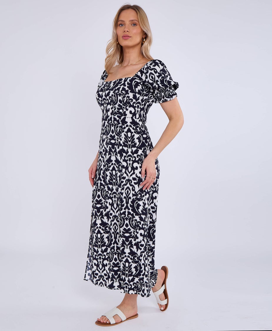 Gini London Navy Puff Sleeves Split Viscose Midi Dress