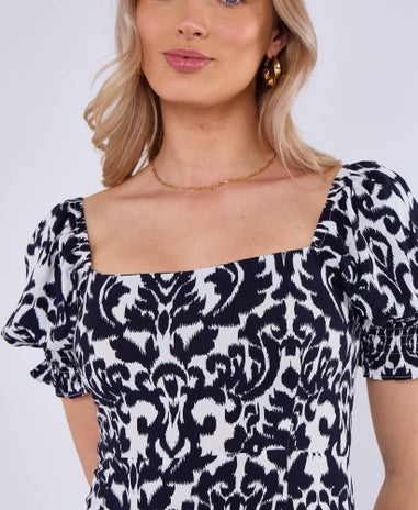 Gini London Navy Puff Sleeves Split Viscose Midi Dress