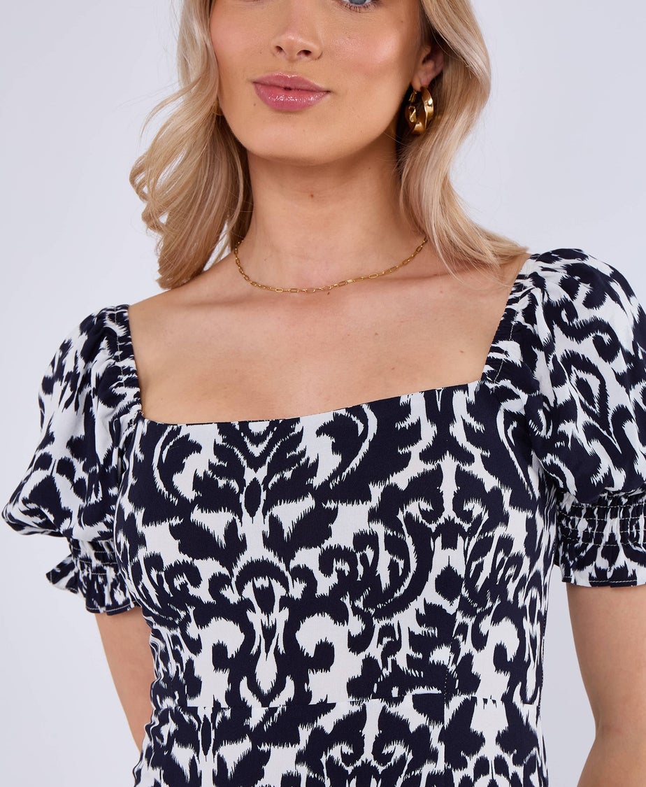 Gini London Navy Puff Sleeves Split Viscose Midi Dress