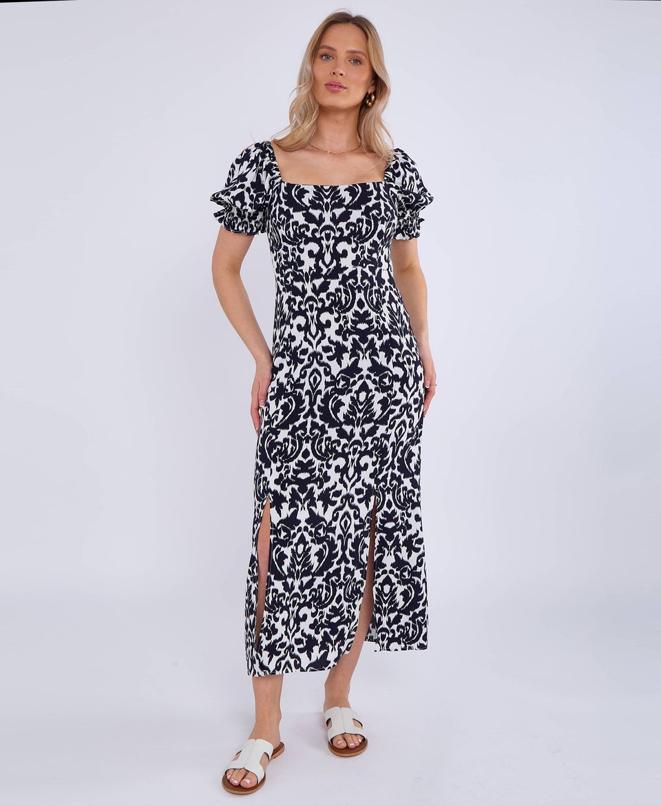 Gini London Navy Puff Sleeves Split Viscose Midi Dress