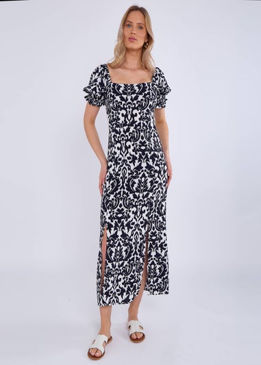Gini London Navy Puff Sleeves Split Viscose Midi Dress