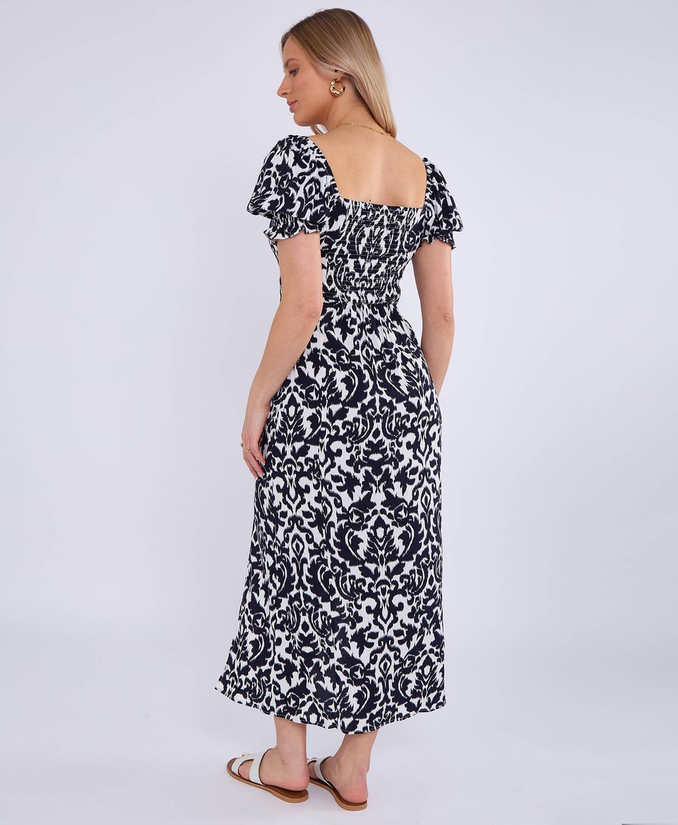 Gini London Navy Puff Sleeves Split Viscose Midi Dress