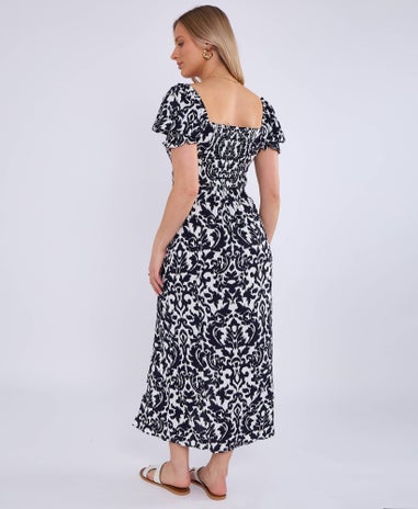 Gini London Navy Puff Sleeves Split Viscose Midi Dress