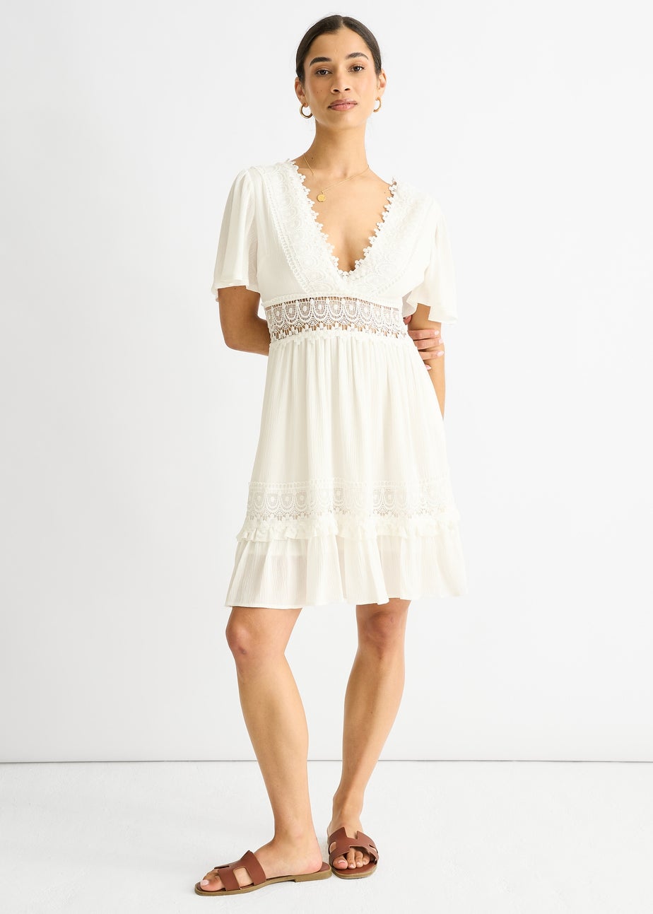 Gini London White Lace Trim Viscose Mini Skater Dress