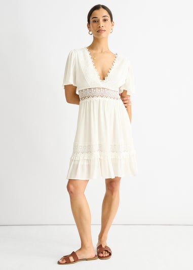 Gini London White Lace Trim Viscose Mini Skater Dress