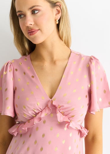 Gini London Blush Metallic Foil V Neck Midi Dress