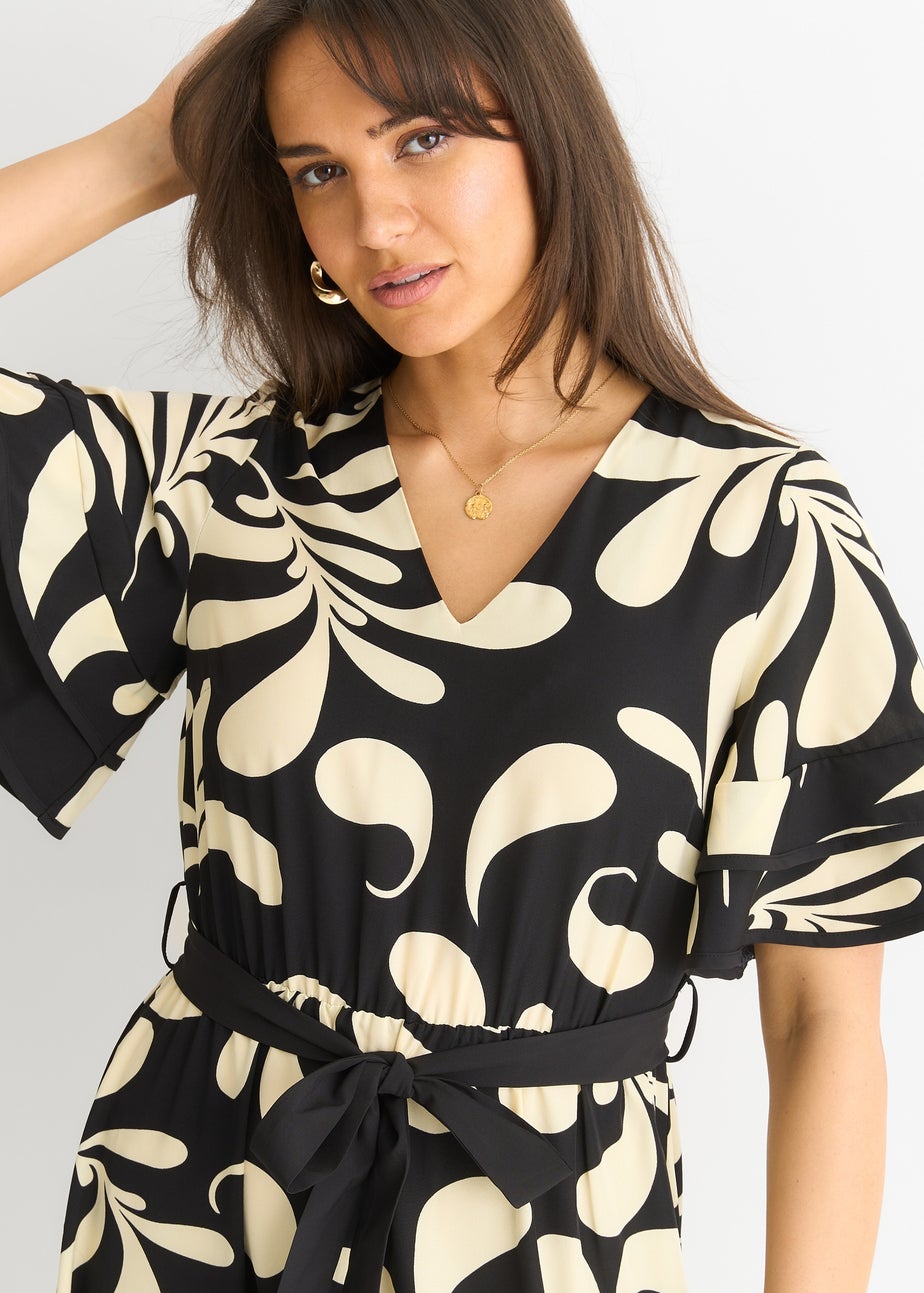 Gini London Black Floral V Neck Elasticated Waist Midi Dress