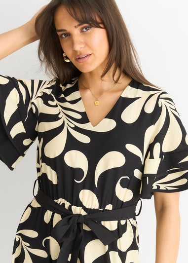 Gini London Black Floral V Neck Elasticated Waist Midi Dress