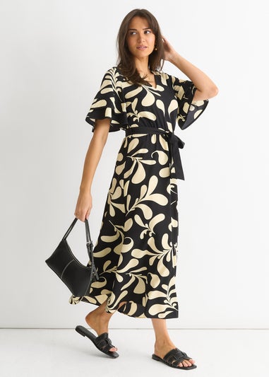 Gini London Black Floral V Neck Elasticated Waist Midi Dress