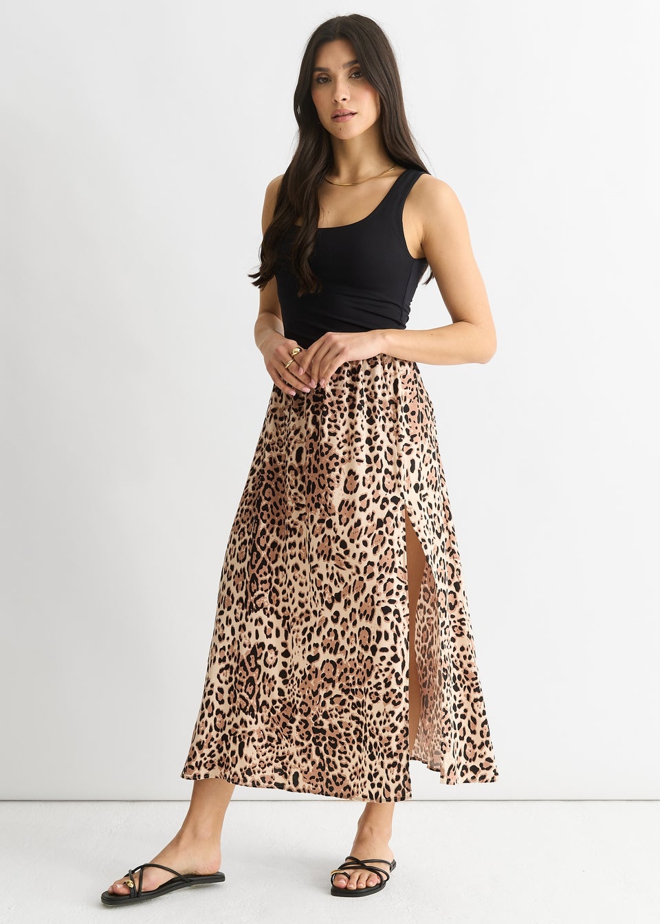 Gini London Black Leopard Print Midi Skirt