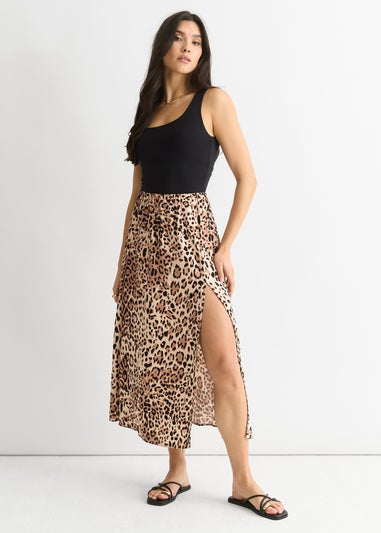 Gini London Black Leopard Print Midi Skirt