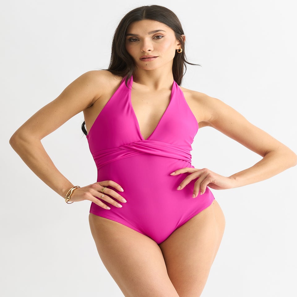 Gini London Dark Pink Twist Overlay Halter Tie Swimsuit
