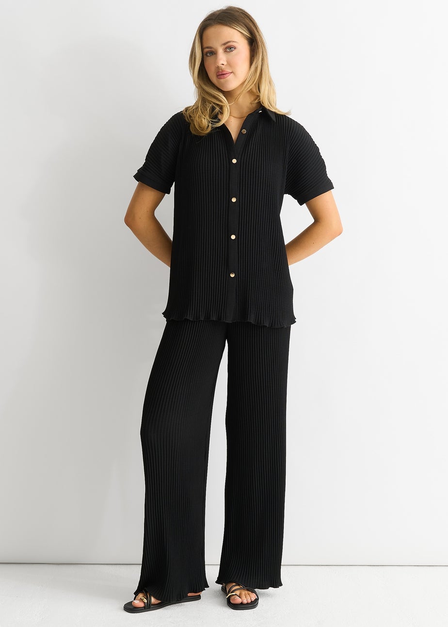 Gini London Black Plisse Loungewear Wide Leg Trousers