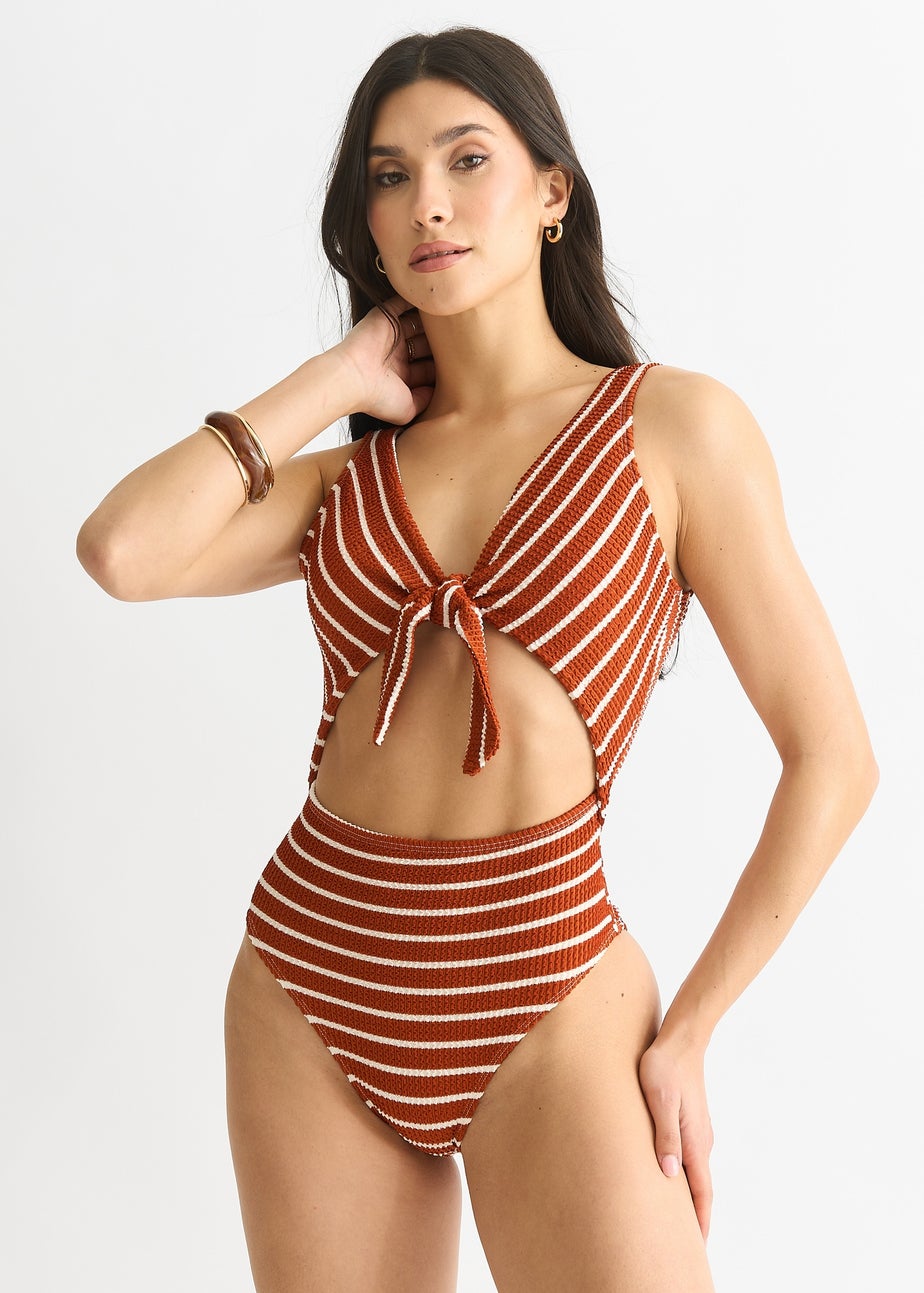 Gini London Rust & White Stripe Textured Tie Front Swimsuit