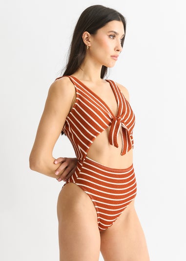 Gini London Rust & White Stripe Textured Tie Front Swimsuit
