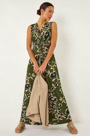 Roman Khaki Leaf Print Twist Front Maxi Dress