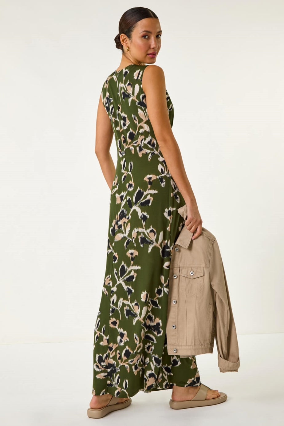 Roman Khaki Leaf Print Twist Front Maxi Dress