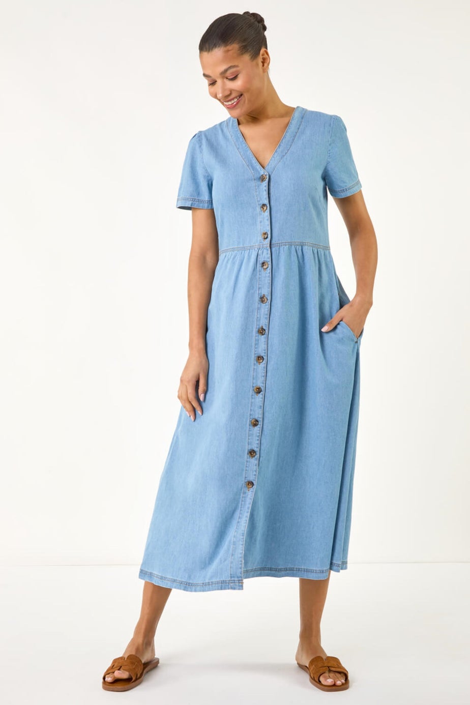 Roman Denim Button Through Midi Dress