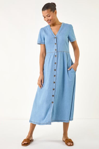 Roman Denim Button Through Midi Dress