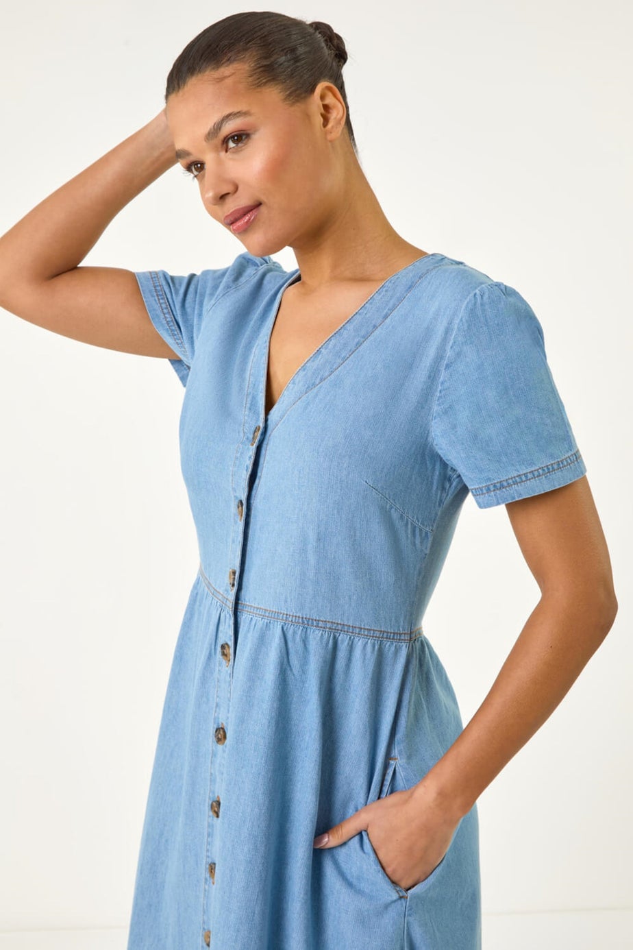 Roman Denim Button Through Midi Dress