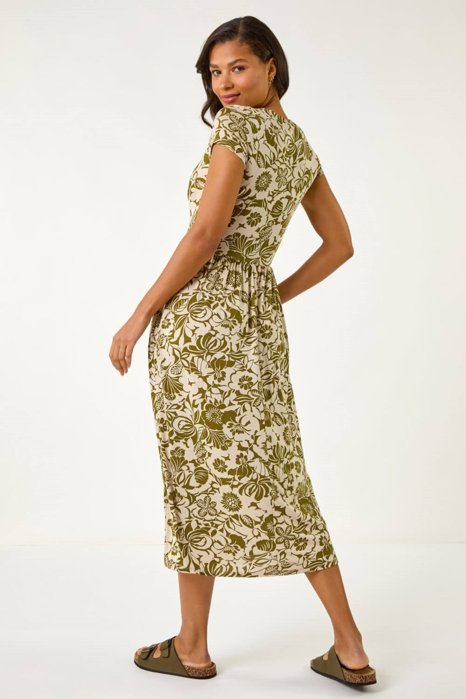 Roman Khaki Floral Print Ruched Stretch Midi Dress