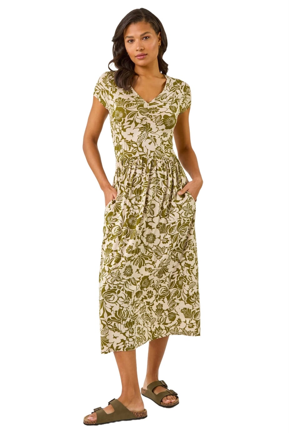 Roman Khaki Floral Print Ruched Stretch Midi Dress