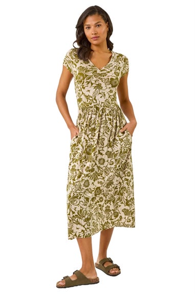 Roman Khaki Floral Print Ruched Stretch Midi Dress
