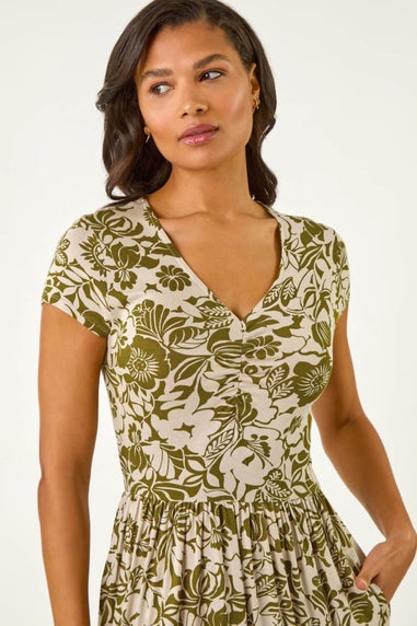 Roman Khaki Floral Print Ruched Stretch Midi Dress