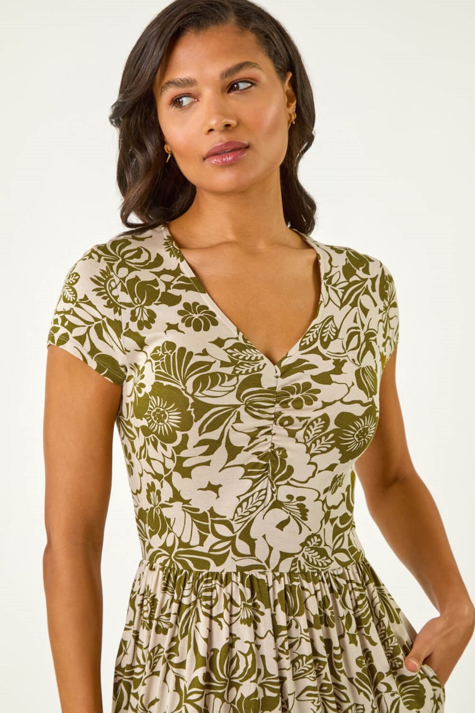 Roman Khaki Floral Print Ruched Stretch Midi Dress