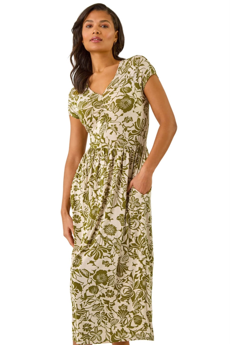 Roman Khaki Floral Print Ruched Stretch Midi Dress