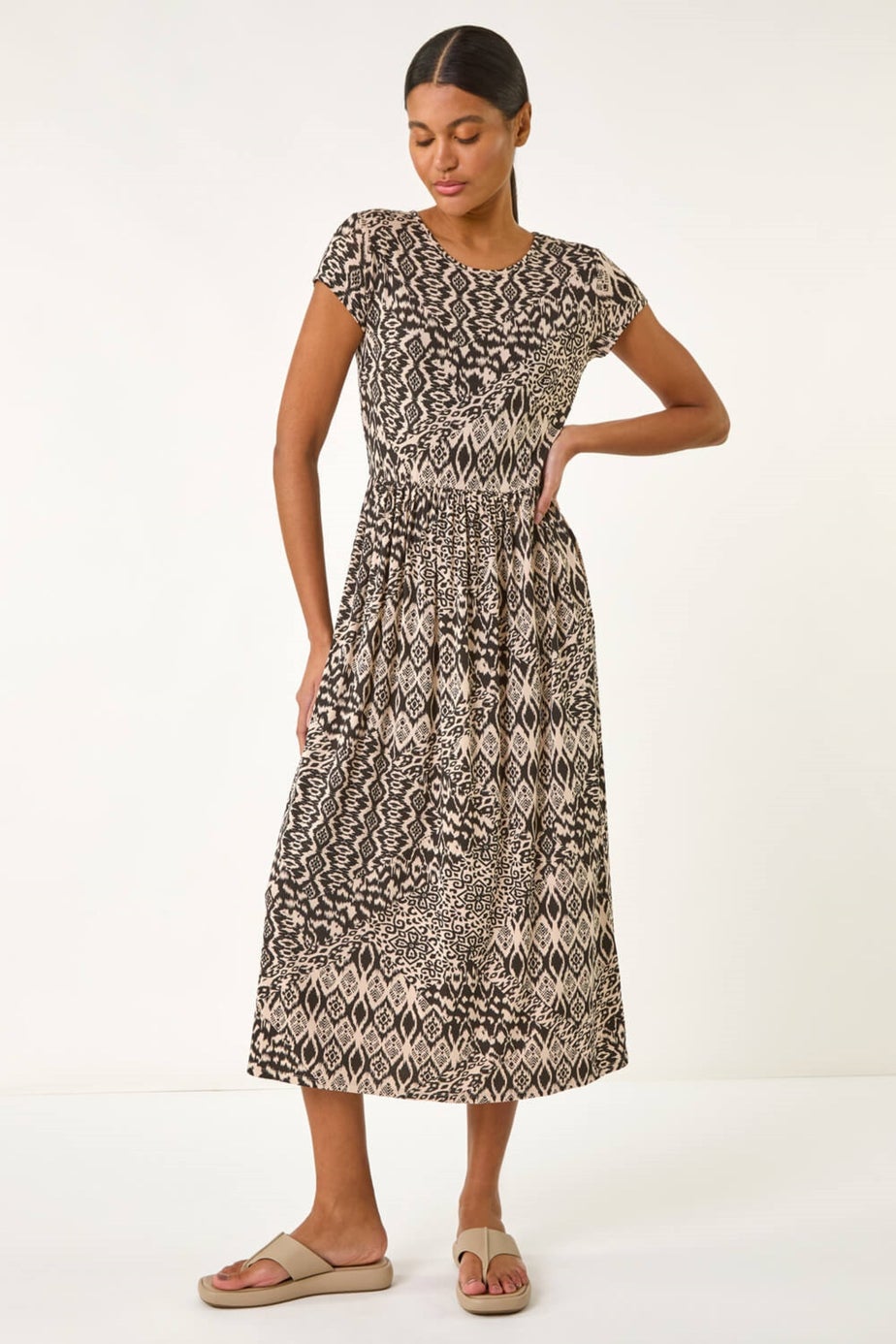 Roman Black Abstract Print Midi Dress