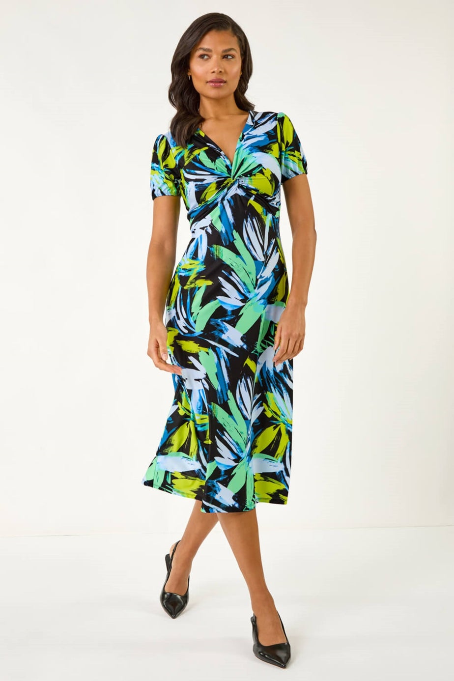Roman Blue Leaf Print Twist Front Midi Dress