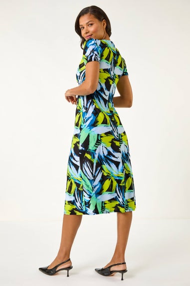 Roman Blue Leaf Print Twist Front Midi Dress