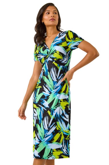 Roman Blue Leaf Print Twist Front Midi Dress