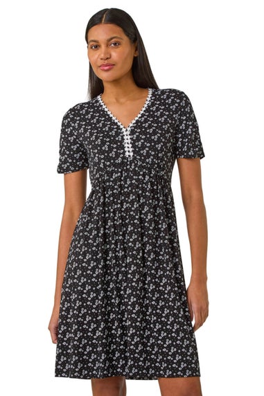 Roman Black Ditsy Floral Print Trim Dress