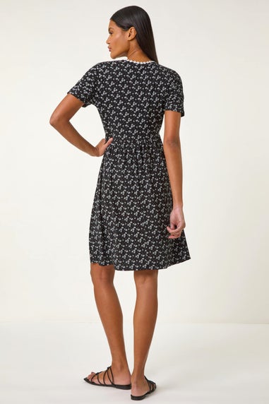 Roman Black Ditsy Floral Print Trim Dress
