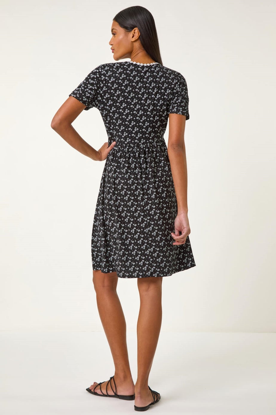 Roman Black Ditsy Floral Print Trim Dress
