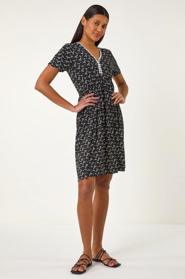 Roman Black Ditsy Floral Print Trim Dress