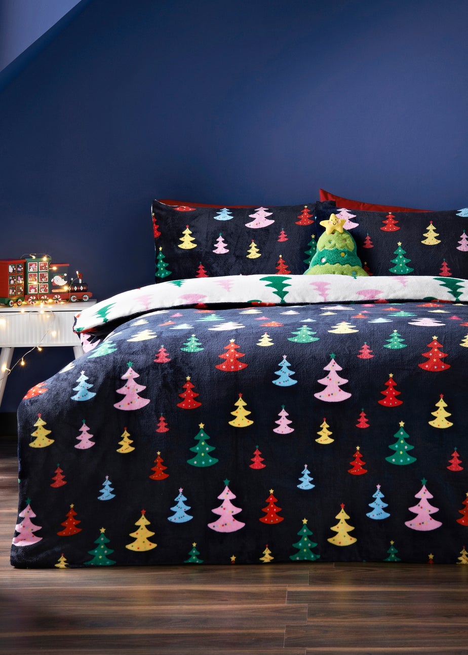 Navy Multi Christmas Tree Fleece Duvet Set
