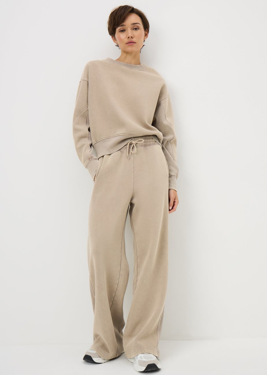 Brown Acid Wash Rib Wide Leg Jogging Bottoms