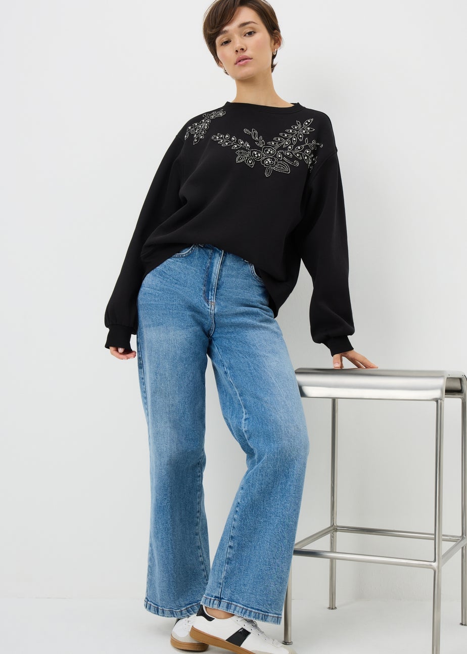 Black Floral Embelished Sweatshirt